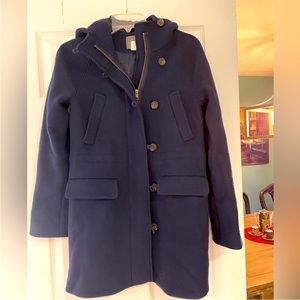 J CREW Women’s Navy Blue Wool Blend Stadium Cloth Nello Gori Hooded Coat